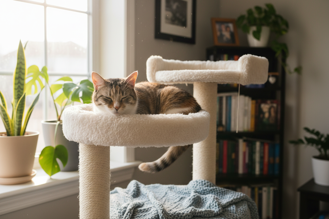Cat resting on cat tree