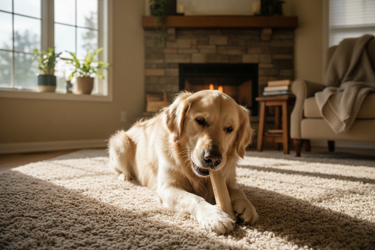 Dog gnawing on bone indoors