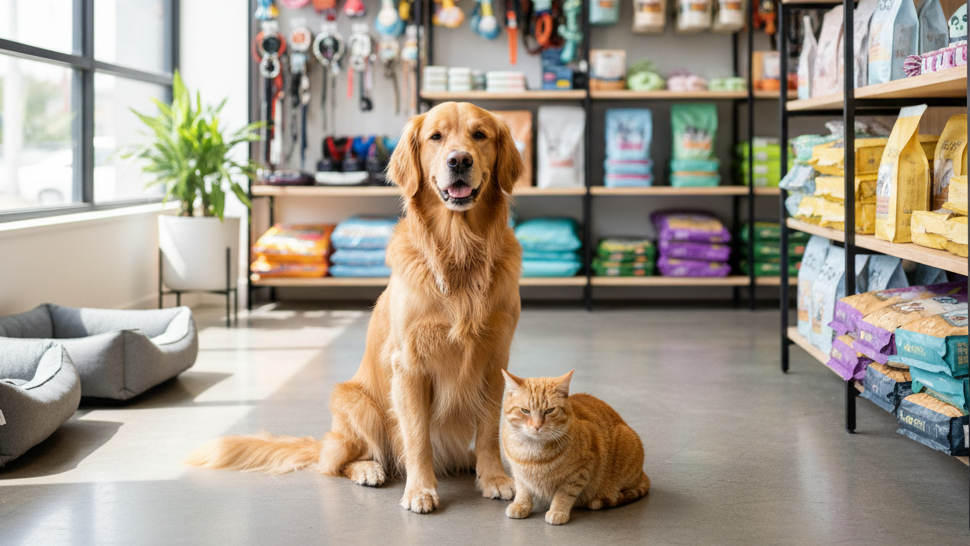 Generate another dog and cat in pet supply store slide image